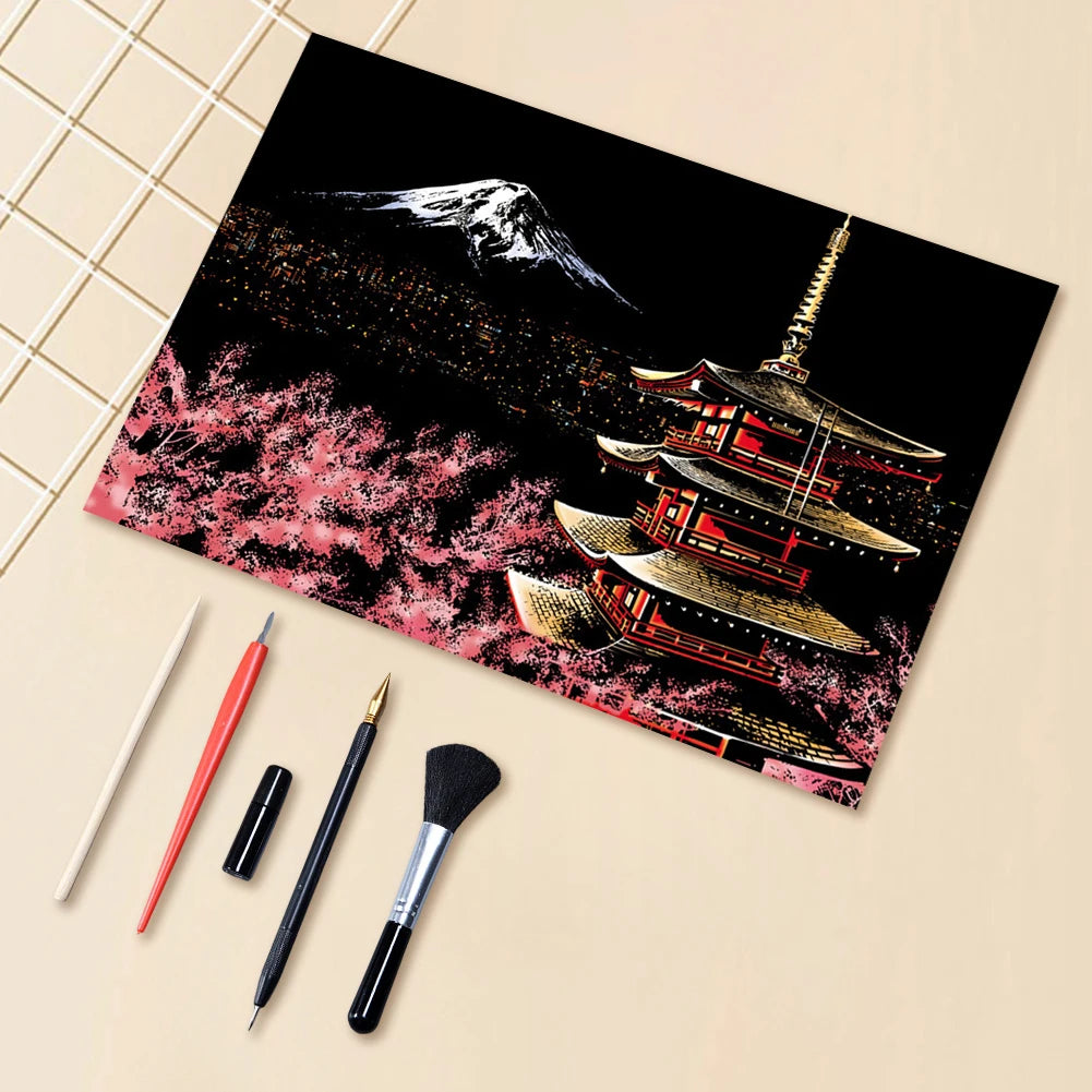 Scratch Painting Paper ,City Series Night Scene,Scratch Painting Creative Gift,Scratch Board for Adult and Kids,With 4 Tools