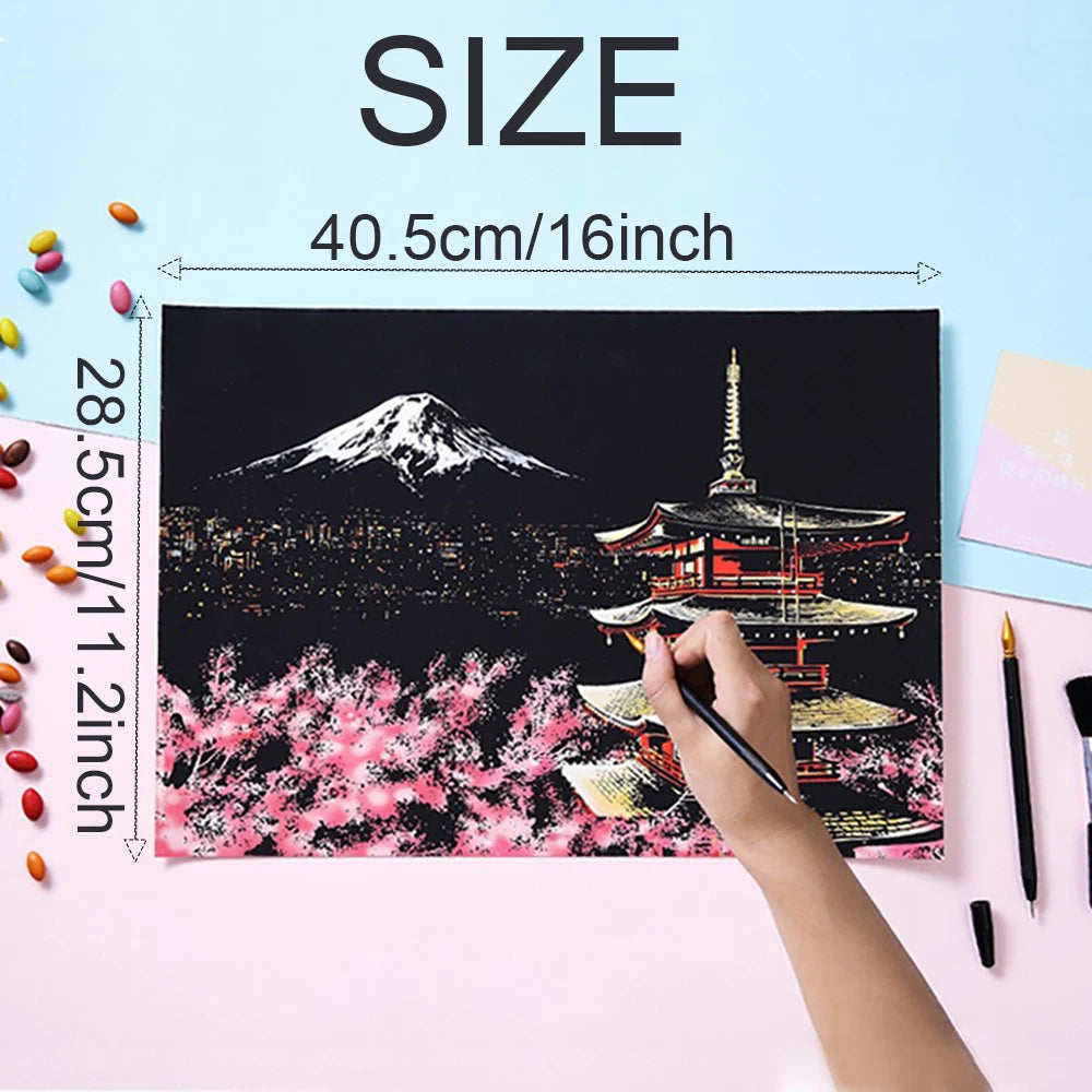 Scratch Painting Paper ,City Series Night Scene,Scratch Painting Creative Gift,Scratch Board for Adult and Kids,With 4 Tools